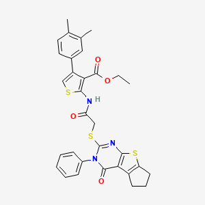ethyl 4-(3,4-dimethylphenyl)-2-(2-((4-oxo-3-phenyl-4,5,6,7-tetrahydro-3H-cyclopenta[4,5]thieno[2,3-d]pyrimidin-2-yl)thio)acetamido)thiophene-3-carboxylate