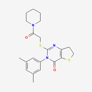 molecular formula C21H25N3O2S2 B2947187 3-(3,5-Dimethylphenyl)-2-(2-oxo-2-piperidin-1-ylethyl)sulfanyl-6,7-dihydrothieno[3,2-d]pyrimidin-4-one CAS No. 877653-23-1
