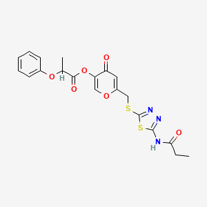 molecular formula C20H19N3O6S2 B2947194 4-oxo-6-(((5-propionamido-1,3,4-thiadiazol-2-yl)thio)methyl)-4H-pyran-3-yl 2-phenoxypropanoate CAS No. 896007-15-1