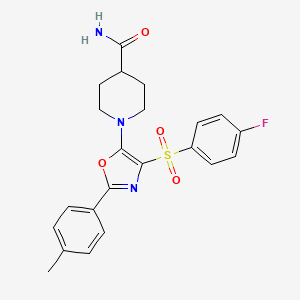 molecular formula C22H22FN3O4S B2947222 1-(4-((4-Fluorophenyl)sulfonyl)-2-(p-tolyl)oxazol-5-yl)piperidine-4-carboxamide CAS No. 862763-58-4