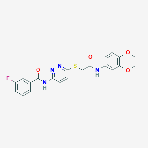 molecular formula C21H17FN4O4S B2947229 N-(6-((2-((2,3-dihydrobenzo[b][1,4]dioxin-6-yl)amino)-2-oxoethyl)thio)pyridazin-3-yl)-3-fluorobenzamide CAS No. 1021090-51-6