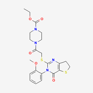 molecular formula C22H26N4O5S2 B2947254 ethyl 4-(2-{[3-(2-methoxyphenyl)-4-oxo-3H,4H,6H,7H-thieno[3,2-d]pyrimidin-2-yl]sulfanyl}acetyl)piperazine-1-carboxylate CAS No. 362501-72-2