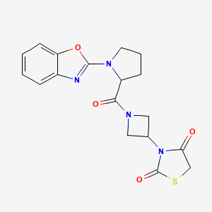 molecular formula C18H18N4O4S B2947272 3-(1-(1-(Benzo[d]oxazol-2-yl)pyrrolidine-2-carbonyl)azetidin-3-yl)thiazolidine-2,4-dione CAS No. 2034200-98-9