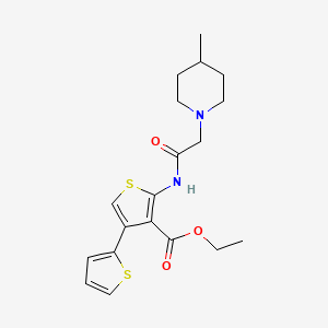 molecular formula C19H24N2O3S2 B2947299 ETHYL 5'-[2-(4-METHYLPIPERIDIN-1-YL)ACETAMIDO]-[2,3'-BITHIOPHENE]-4'-CARBOXYLATE CAS No. 496024-27-2