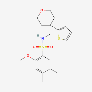 molecular formula C19H25NO4S2 B2947374 2-methoxy-4,5-dimethyl-N-((4-(thiophen-2-yl)tetrahydro-2H-pyran-4-yl)methyl)benzenesulfonamide CAS No. 1203186-73-5