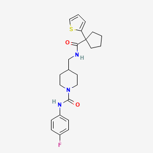 molecular formula C23H28FN3O2S B2947392 N-(4-fluorophenyl)-4-((1-(thiophen-2-yl)cyclopentanecarboxamido)methyl)piperidine-1-carboxamide CAS No. 1234883-28-3