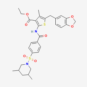 molecular formula C30H34N2O7S2 B2947405 ethyl 5-[(2H-1,3-benzodioxol-5-yl)methyl]-2-{4-[(3,5-dimethylpiperidin-1-yl)sulfonyl]benzamido}-4-methylthiophene-3-carboxylate CAS No. 476365-46-5