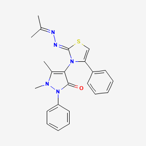 molecular formula C23H23N5OS B2947432 (Z)-1,5-dimethyl-2-phenyl-4-(4-phenyl-2-(propan-2-ylidenehydrazono)thiazol-3(2H)-yl)-1H-pyrazol-3(2H)-one CAS No. 402945-88-4