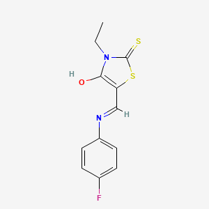 molecular formula C12H11FN2OS2 B2947447 3-Ethyl-5-(((4-fluorophenyl)amino)methylene)-2-thioxo-1,3-thiazolidin-4-one CAS No. 1024772-96-0