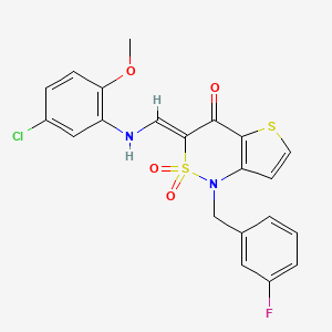 molecular formula C21H16ClFN2O4S2 B2947455 (3Z)-3-{[(5-chloro-2-methoxyphenyl)amino]methylene}-1-(3-fluorobenzyl)-1H-thieno[3,2-c][1,2]thiazin-4(3H)-one 2,2-dioxide CAS No. 894686-48-7