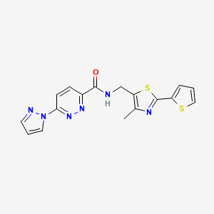 molecular formula C17H14N6OS2 B2947753 N-((4-methyl-2-(thiophen-2-yl)thiazol-5-yl)methyl)-6-(1H-pyrazol-1-yl)pyridazine-3-carboxamide CAS No. 1421526-74-0