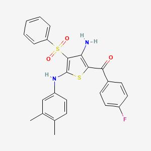 molecular formula C25H21FN2O3S2 B2948148 3-(benzenesulfonyl)-N2-(3,4-dimethylphenyl)-5-(4-fluorobenzoyl)thiophene-2,4-diamine CAS No. 1115562-41-8