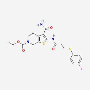 molecular formula C20H22FN3O4S2 B2948248 ethyl 3-carbamoyl-2-(3-((4-fluorophenyl)thio)propanamido)-4,5-dihydrothieno[2,3-c]pyridine-6(7H)-carboxylate CAS No. 896356-03-9
