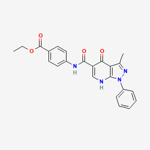 molecular formula C23H20N4O4 B2948390 ethyl 4-(3-methyl-4-oxo-1-phenyl-4,7-dihydro-1H-pyrazolo[3,4-b]pyridine-5-carboxamido)benzoate CAS No. 898431-79-3