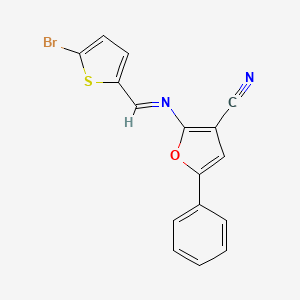 molecular formula C16H9BrN2OS B2948417 2-[(E)-[(5-bromothiophen-2-yl)methylidene]amino]-5-phenylfuran-3-carbonitrile CAS No. 478033-42-0