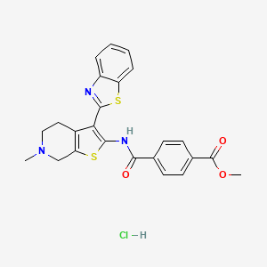 molecular formula C24H22ClN3O3S2 B2948559 Methyl 4-((3-(benzo[d]thiazol-2-yl)-6-methyl-4,5,6,7-tetrahydrothieno[2,3-c]pyridin-2-yl)carbamoyl)benzoate hydrochloride CAS No. 1163144-24-8