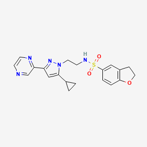 molecular formula C20H21N5O3S B2948657 N-(2-(5-cyclopropyl-3-(pyrazin-2-yl)-1H-pyrazol-1-yl)ethyl)-2,3-dihydrobenzofuran-5-sulfonamide CAS No. 2034322-38-6