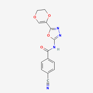 molecular formula C14H10N4O4 B2948666 4-cyano-N-(5-(5,6-dihydro-1,4-dioxin-2-yl)-1,3,4-oxadiazol-2-yl)benzamide CAS No. 887875-28-7