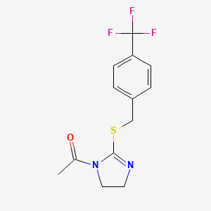 molecular formula C13H13F3N2OS B2948708 1-[2-[[4-(Trifluoromethyl)phenyl]methylsulfanyl]-4,5-dihydroimidazol-1-yl]ethanone CAS No. 851805-93-1
