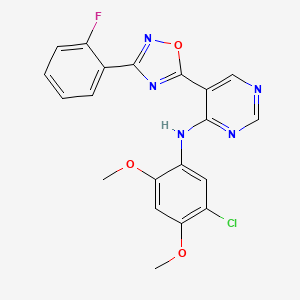 molecular formula C20H15ClFN5O3 B2948720 N-(5-chloro-2,4-dimethoxyphenyl)-5-[3-(2-fluorophenyl)-1,2,4-oxadiazol-5-yl]pyrimidin-4-amine CAS No. 2034341-17-6