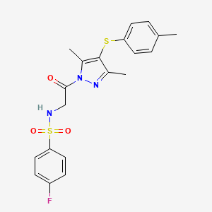 molecular formula C20H20FN3O3S2 B2948869 N-(2-{3,5-DIMETHYL-4-[(4-METHYLPHENYL)SULFANYL]-1H-PYRAZOL-1-YL}-2-OXOETHYL)-4-FLUOROBENZENE-1-SULFONAMIDE CAS No. 394226-32-5