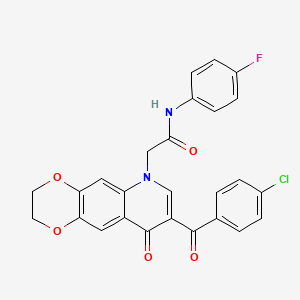 molecular formula C26H18ClFN2O5 B2949219 2-[8-(4-chlorobenzoyl)-9-oxo-2H,3H,6H,9H-[1,4]dioxino[2,3-g]quinolin-6-yl]-N-(4-fluorophenyl)acetamide CAS No. 866342-10-1