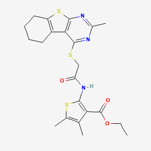 molecular formula C22H25N3O3S3 B2949337 ethyl 4,5-dimethyl-2-[2-({5-methyl-8-thia-4,6-diazatricyclo[7.4.0.0^{2,7}]trideca-1(9),2(7),3,5-tetraen-3-yl}sulfanyl)acetamido]thiophene-3-carboxylate CAS No. 670270-11-8