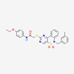 molecular formula C28H26N4O4S2 B2949427 N-(4-ethoxyphenyl)-2-({9-[(3-methylphenyl)methyl]-8,8-dioxo-8lambda6-thia-3,5,9-triazatricyclo[8.4.0.0^{2,7}]tetradeca-1(14),2(7),3,5,10,12-hexaen-4-yl}sulfanyl)acetamide CAS No. 932476-29-4