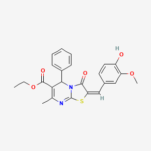 molecular formula C24H22N2O5S B2949699 (E)-ethyl 2-(4-hydroxy-3-methoxybenzylidene)-7-methyl-3-oxo-5-phenyl-3,5-dihydro-2H-thiazolo[3,2-a]pyrimidine-6-carboxylate CAS No. 327055-10-7