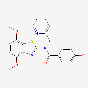 molecular formula C22H18FN3O3S B2949722 N-(4,7-dimethoxy-1,3-benzothiazol-2-yl)-4-fluoro-N-[(pyridin-2-yl)methyl]benzamide CAS No. 922953-97-7