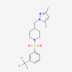 molecular formula C18H22F3N3O2S B2949999 4-((3,5-dimethyl-1H-pyrazol-1-yl)methyl)-1-((3-(trifluoromethyl)phenyl)sulfonyl)piperidine CAS No. 1396579-68-2