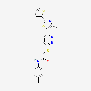 molecular formula C21H18N4OS3 B2950098 2-((6-(4-methyl-2-(thiophen-2-yl)thiazol-5-yl)pyridazin-3-yl)thio)-N-(p-tolyl)acetamide CAS No. 1005296-68-3