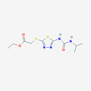 molecular formula C10H16N4O3S2 B2950257 Ethyl 2-[(5-{[(isopropylamino)carbonyl]amino}-1,3,4-thiadiazol-2-yl)sulfanyl]acetate CAS No. 866011-00-9