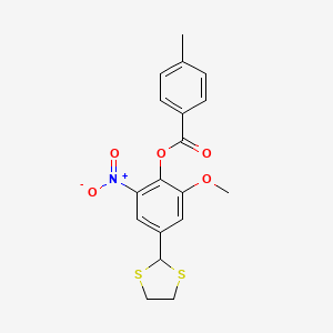 molecular formula C18H17NO5S2 B2950262 4-(1,3-Dithiolan-2-yl)-2-methoxy-6-nitrophenyl 4-methylbenzenecarboxylate CAS No. 331461-13-3