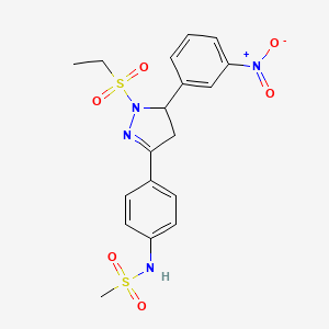 molecular formula C18H20N4O6S2 B2950289 N-{4-[1-(ethanesulfonyl)-5-(3-nitrophenyl)-4,5-dihydro-1H-pyrazol-3-yl]phenyl}methanesulfonamide CAS No. 838815-67-1