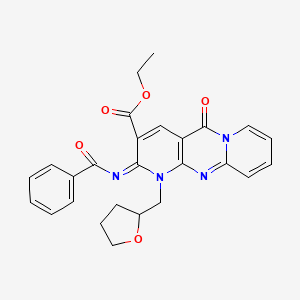 molecular formula C26H24N4O5 B2950341 ethyl 6-benzoylimino-2-oxo-7-(oxolan-2-ylmethyl)-1,7,9-triazatricyclo[8.4.0.03,8]tetradeca-3(8),4,9,11,13-pentaene-5-carboxylate CAS No. 443097-26-5
