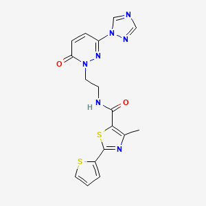 molecular formula C17H15N7O2S2 B2950342 4-methyl-N-(2-(6-oxo-3-(1H-1,2,4-triazol-1-yl)pyridazin-1(6H)-yl)ethyl)-2-(thiophen-2-yl)thiazole-5-carboxamide CAS No. 1448124-51-3