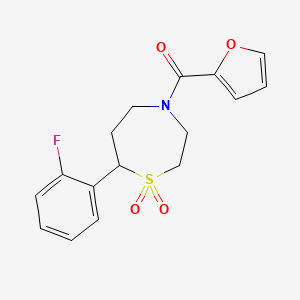 molecular formula C16H16FNO4S B2950431 (7-(2-Fluorophenyl)-1,1-dioxido-1,4-thiazepan-4-yl)(furan-2-yl)methanone CAS No. 2034383-69-0