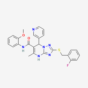 molecular formula C26H23FN6O2S B2950451 2-{[(2-FLUOROPHENYL)METHYL]SULFANYL}-N-(2-METHOXYPHENYL)-5-METHYL-7-(PYRIDIN-3-YL)-4H,7H-[1,2,4]TRIAZOLO[1,5-A]PYRIMIDINE-6-CARBOXAMIDE CAS No. 536990-97-3