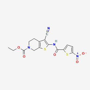 molecular formula C16H14N4O5S2 B2950484 ethyl 3-cyano-2-(5-nitrothiophene-2-carboxamido)-4,5-dihydrothieno[2,3-c]pyridine-6(7H)-carboxylate CAS No. 864926-98-7