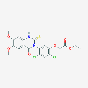 molecular formula C20H18Cl2N2O6S B2950574 ethyl 2-{2,4-dichloro-5-[6,7-dimethoxy-4-oxo-2-sulfanyl-3(4H)-quinazolinyl]phenoxy}acetate CAS No. 400088-23-5