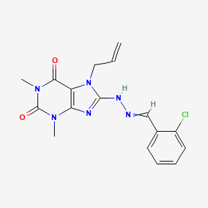 molecular formula C17H17ClN6O2 B2950924 8-[2-[(2-Chlorophenyl)methylidene]hydrazinyl]-1,3-dimethyl-7-prop-2-enylpurine-2,6-dione CAS No. 377052-59-0