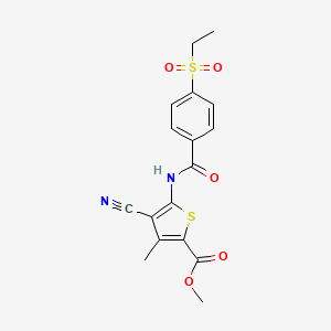 molecular formula C17H16N2O5S2 B2950987 Methyl 4-cyano-5-(4-(ethylsulfonyl)benzamido)-3-methylthiophene-2-carboxylate CAS No. 922972-09-6