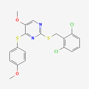molecular formula C19H16Cl2N2O2S2 B2951034 2-[(2,6-Dichlorobenzyl)sulfanyl]-5-methoxy-4-[(4-methoxyphenyl)sulfanyl]pyrimidine CAS No. 338955-92-3