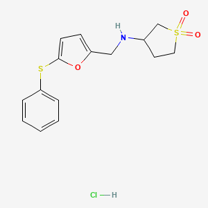 molecular formula C15H18ClNO3S2 B2951107 1,1-Dioxo-N-[(5-phenylsulfanylfuran-2-yl)methyl]thiolan-3-amine;hydrochloride CAS No. 2227107-49-3