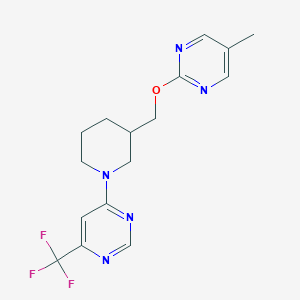 molecular formula C16H18F3N5O B2951191 4-(3-{[(5-Methylpyrimidin-2-yl)oxy]methyl}piperidin-1-yl)-6-(trifluoromethyl)pyrimidine CAS No. 2380009-36-7