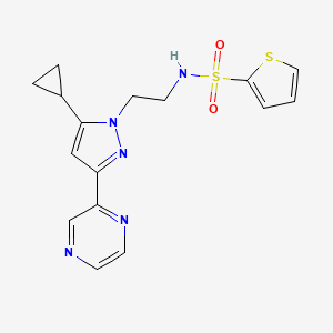 molecular formula C16H17N5O2S2 B2951374 N-(2-(5-cyclopropyl-3-(pyrazin-2-yl)-1H-pyrazol-1-yl)ethyl)thiophene-2-sulfonamide CAS No. 2034601-91-5