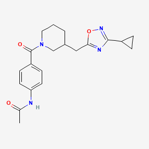 molecular formula C20H24N4O3 B2951533 N-(4-(3-((3-cyclopropyl-1,2,4-oxadiazol-5-yl)methyl)piperidine-1-carbonyl)phenyl)acetamide CAS No. 1706304-81-5