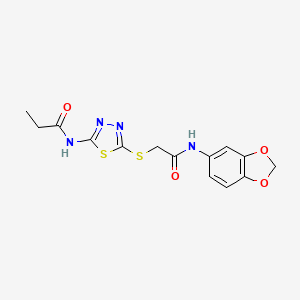 molecular formula C14H14N4O4S2 B2951649 N-[5-({[(2H-1,3-benzodioxol-5-yl)carbamoyl]methyl}sulfanyl)-1,3,4-thiadiazol-2-yl]propanamide CAS No. 868974-38-3