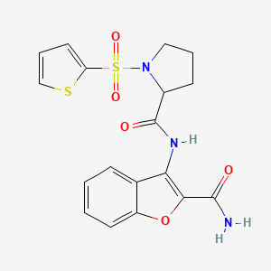 molecular formula C18H17N3O5S2 B2951792 N-(2-carbamoylbenzofuran-3-yl)-1-(thiophen-2-ylsulfonyl)pyrrolidine-2-carboxamide CAS No. 1097191-03-1